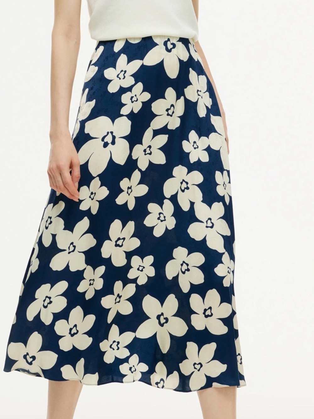 Navy Midi Skirt with Cream Floral Print